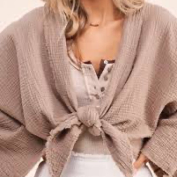 🌹LA MIEL COTTON WAFFLE RAW HEM KIMONO/TIE FRONT - Picture 1 of 8
